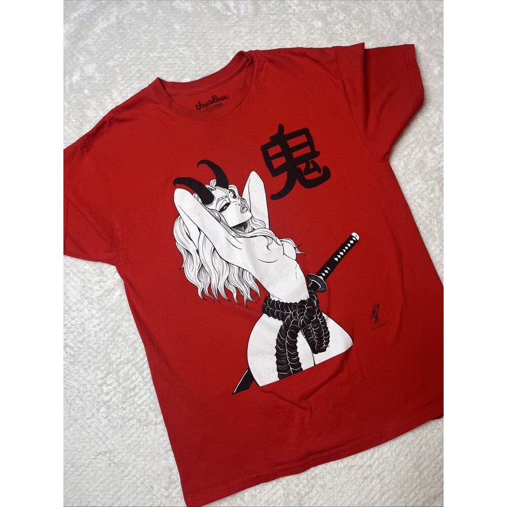 Threadless Tyler Deberry Oni Demon Katana Graphic T-Shirt Large Red